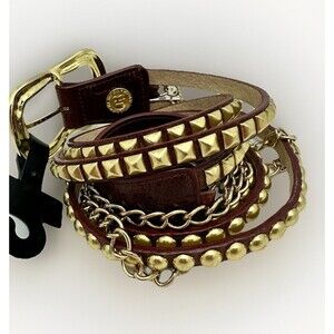 Leatherock Nordstrom Brown Genuine Leather Gold Studded Chain Belt Womens L 36 N